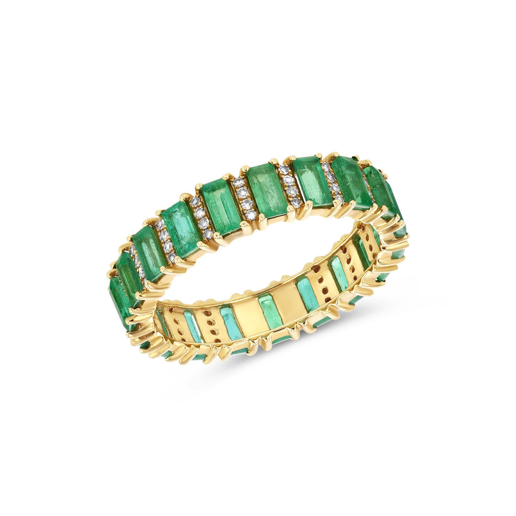 Green emerald eternity band with yellow gold
