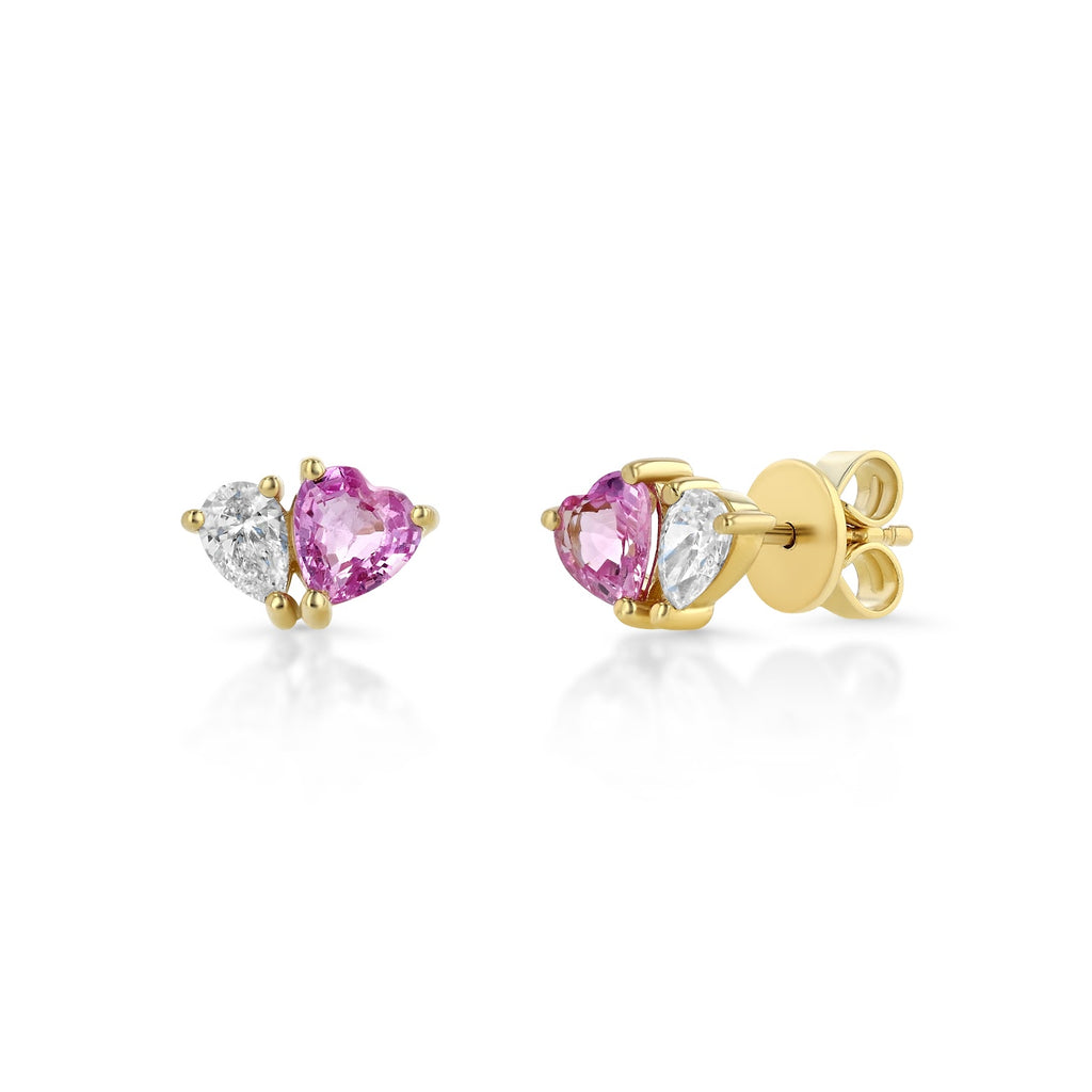 Pink Sapphire and Diamond Duo Stud in yellow