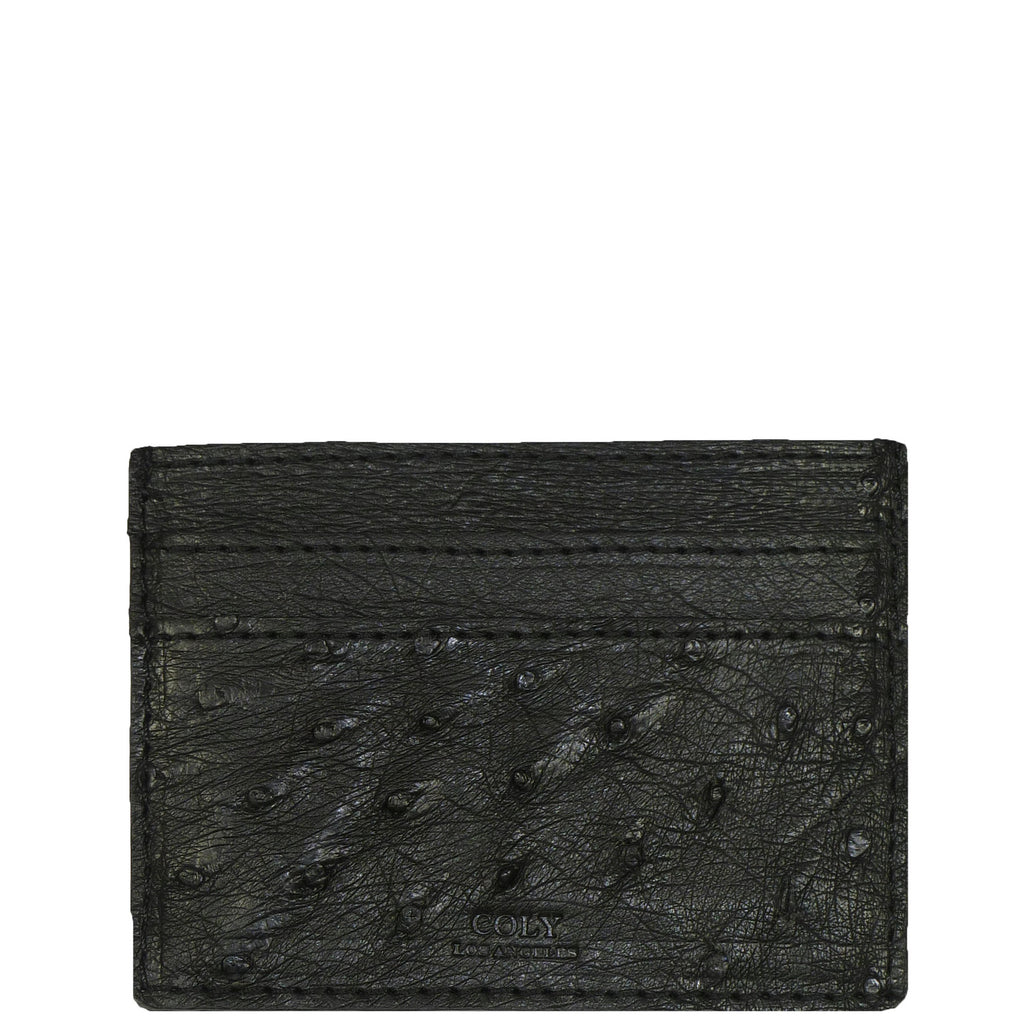 Exotic Black Credit Card Holder in Ostrich from the exclusive Coly collection features 4 credit card slots, and an interior cash slot! Dimensions are 4"W x 3"H. Handmade in Los Angeles.l