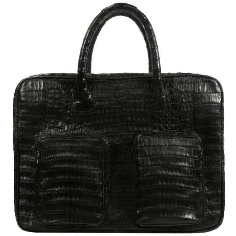 Large Mens Crocodile Briefcase with pockets in black