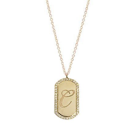 Mini Dog Tag Initial Necklace with diamond border
