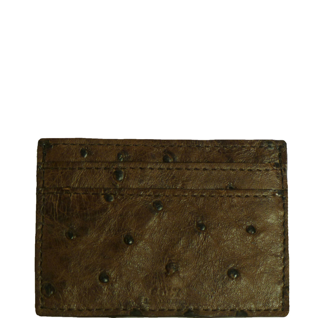 Exotic Chocolate Brown Credit Card Holder in Ostrich skin from the exclusive Coly collection features 4 credit card slots, and an interior cash slot! Dimensions are 4"W x 3"H. Handmade in Los Angeles.
