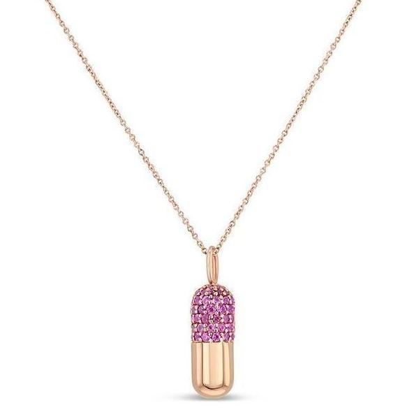 Pink Sapphire and gold Pill Necklace