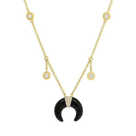 Trendy Diamond and Onyx Tusk necklace. Made with 14 karat yellow gold in Los Angeles. Horn made with Onyx stone.