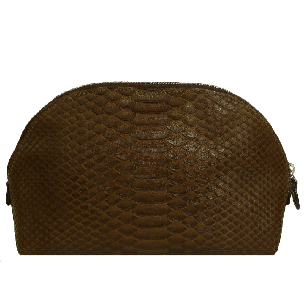 Exotic Brown Snakeskin Large Zippered Cosmetic Travel bag from the exclusive Coly collection. Handmade in Los Angeles. 